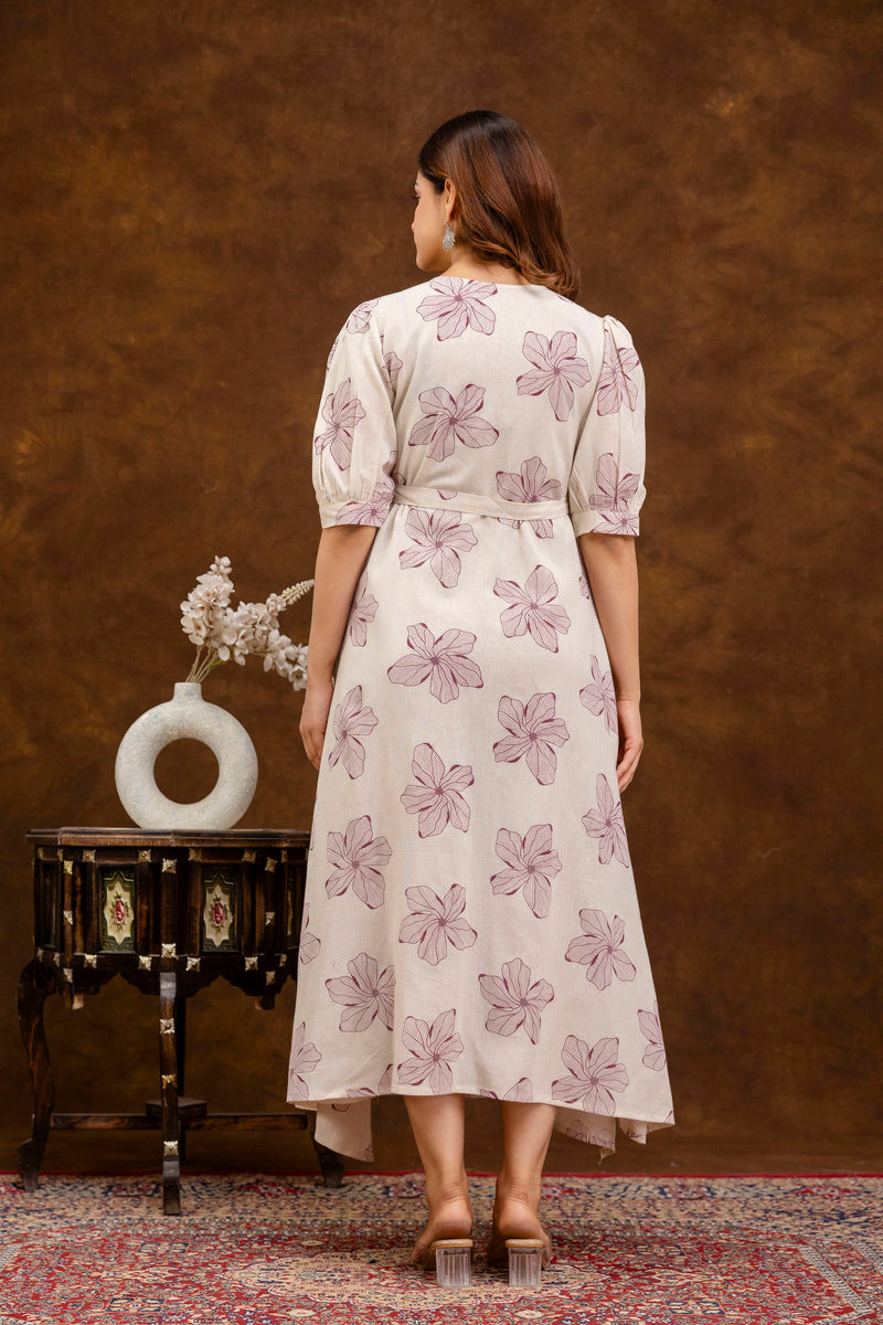 EthniFlair Floral Printed Puff Sleeved Tie-Ups Wrap Maxi Dress