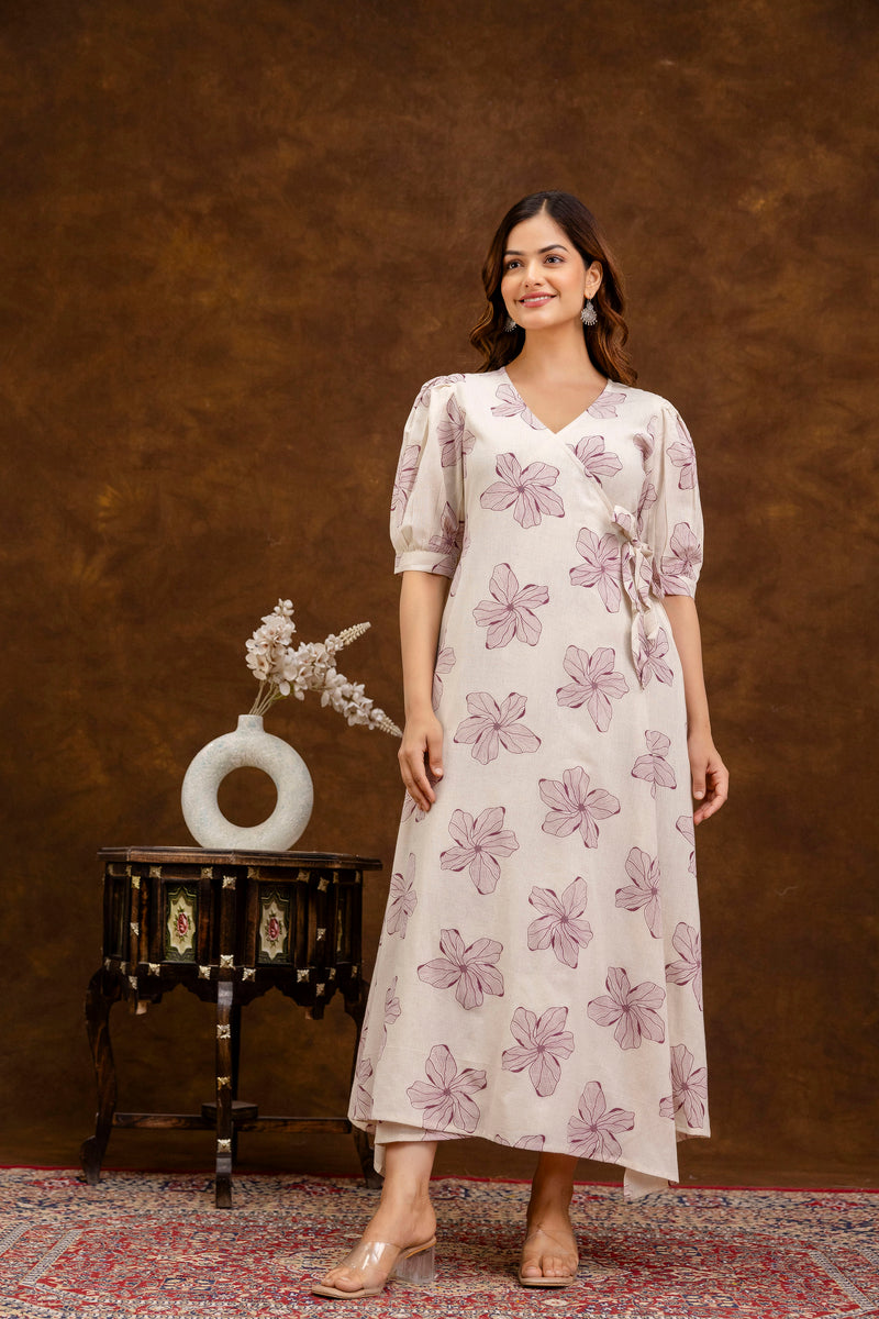 EthniFlair Floral Printed Puff Sleeved Tie-Ups Wrap Maxi Dress