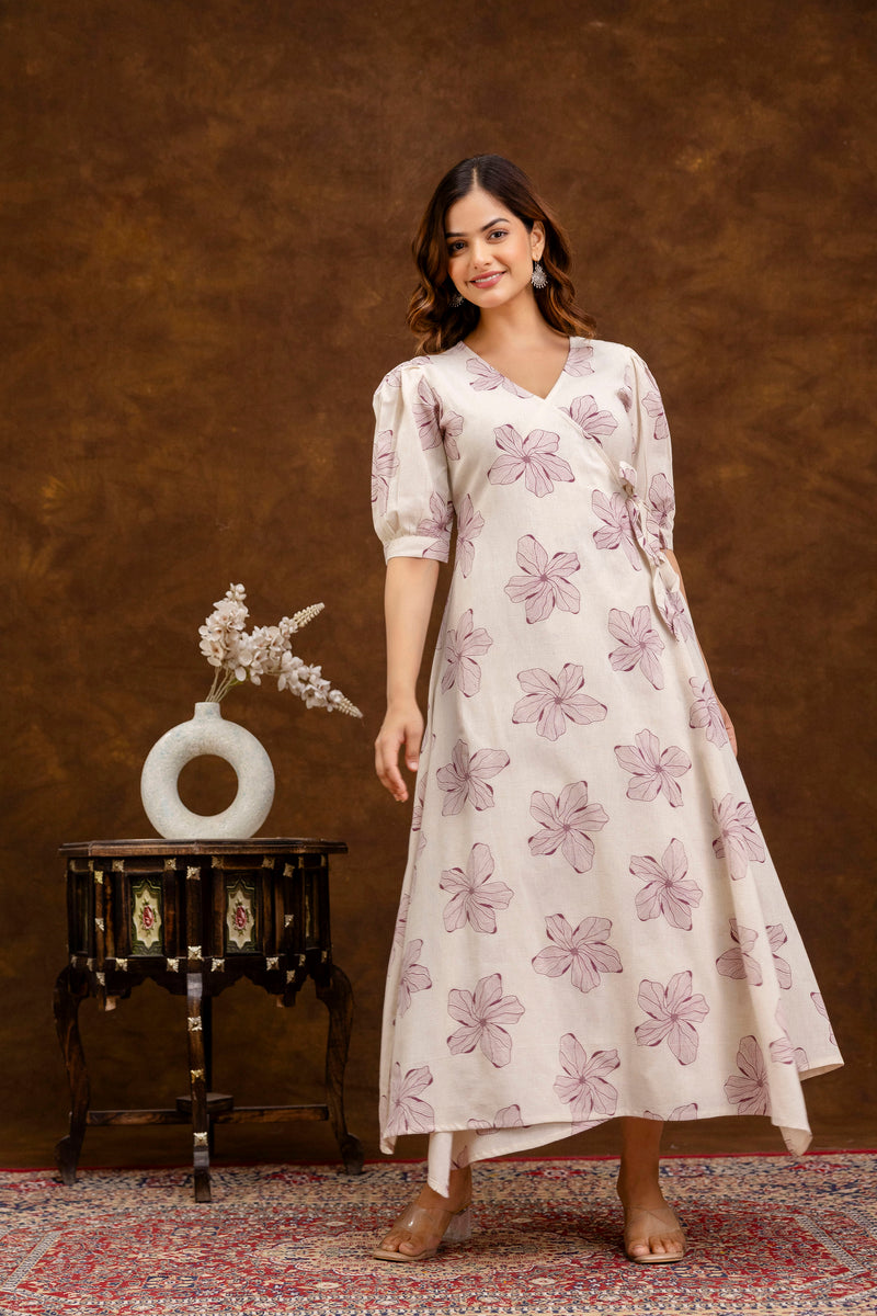 EthniFlair Floral Printed Puff Sleeved Tie-Ups Wrap Maxi Dress