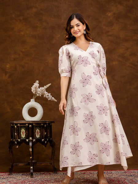 EthniFlair Floral Printed Puff Sleeved Tie-Ups Wrap Maxi Dress