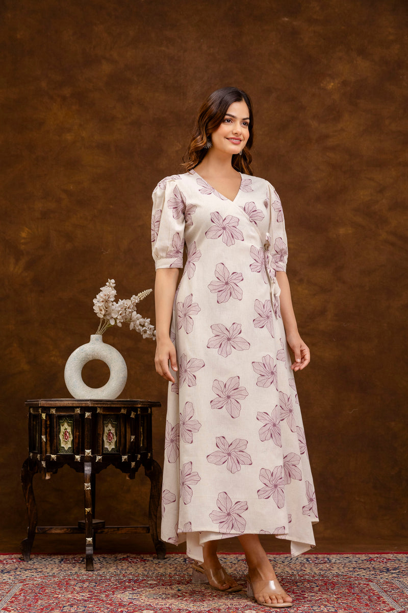 EthniFlair Floral Printed Puff Sleeved Tie-Ups Wrap Maxi Dress