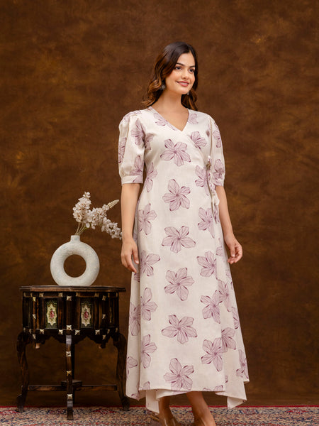 EthniFlair Floral Printed Puff Sleeved Tie-Ups Wrap Maxi Dress