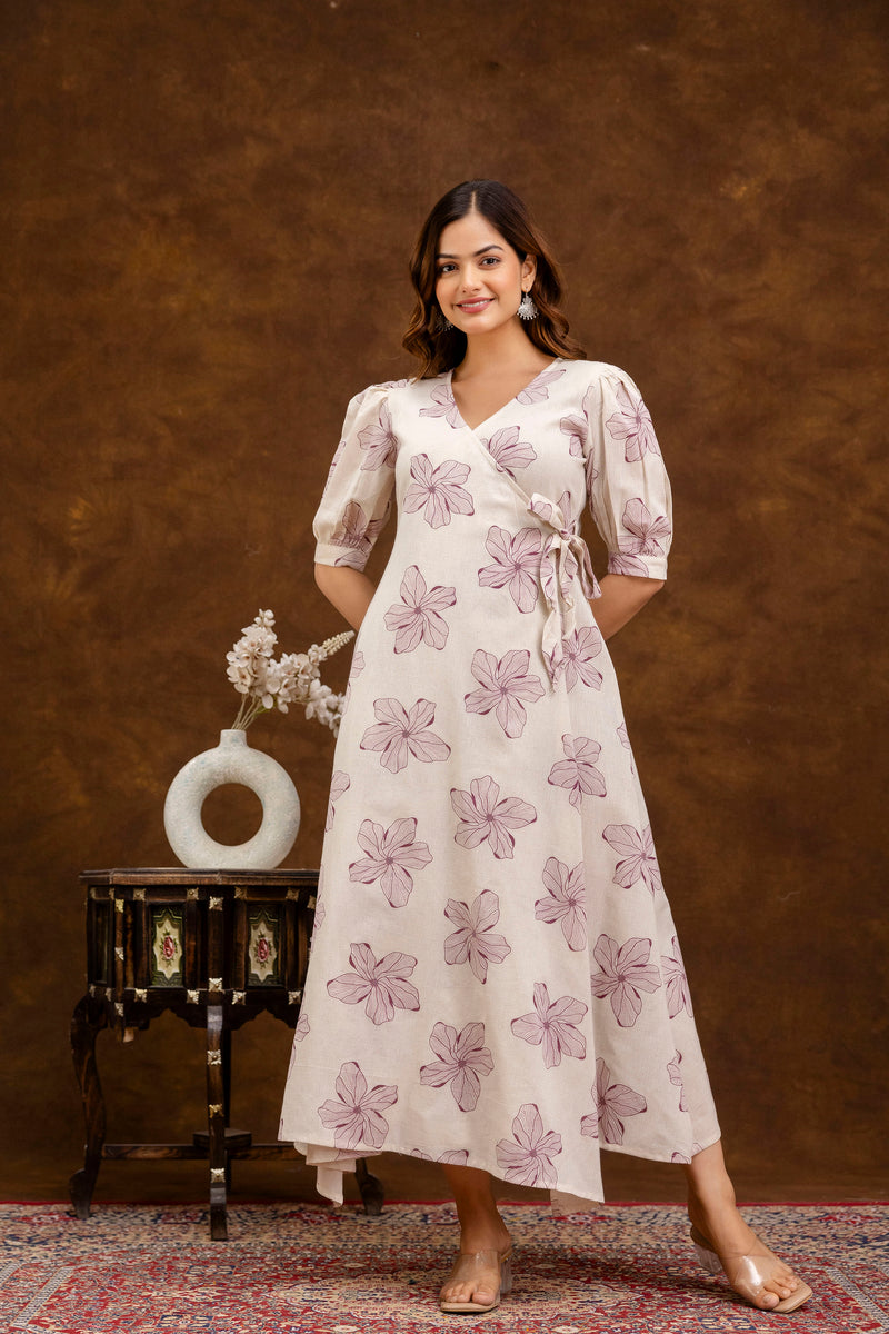 EthniFlair Floral Printed Puff Sleeved Tie-Ups Wrap Maxi Dress