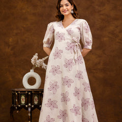 EthniFlair Floral Printed Puff Sleeved Tie-Ups Wrap Maxi Dress