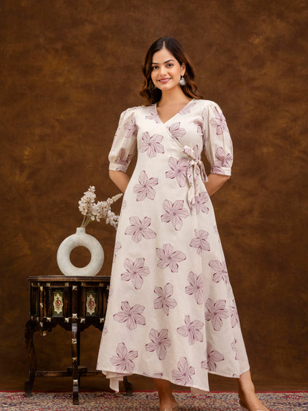 EthniFlair Floral Printed Puff Sleeved Tie-Ups Wrap Maxi Dress