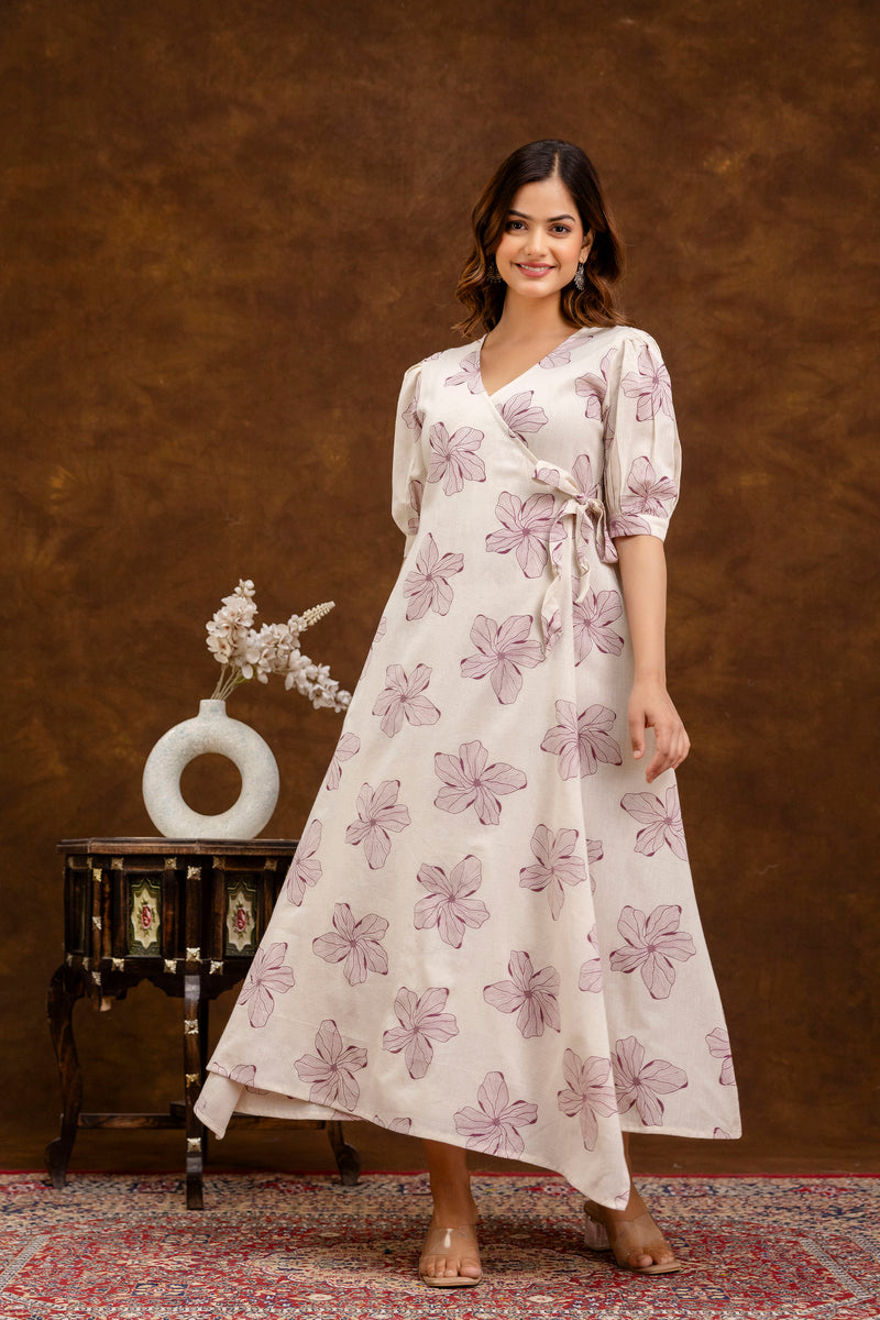 EthniFlair Floral Printed Puff Sleeved Tie-Ups Wrap Maxi Dress