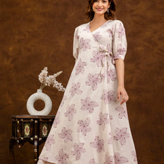 EthniFlair Floral Printed Puff Sleeved Tie-Ups Wrap Maxi Dress