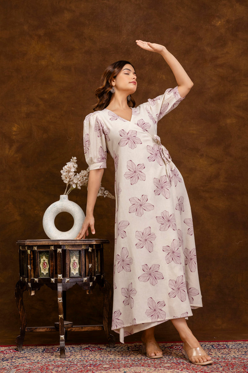 EthniFlair Floral Printed Puff Sleeved Tie-Ups Wrap Maxi Dress