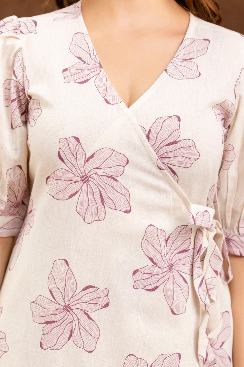 EthniFlair Floral Printed Puff Sleeved Tie-Ups Wrap Maxi Dress