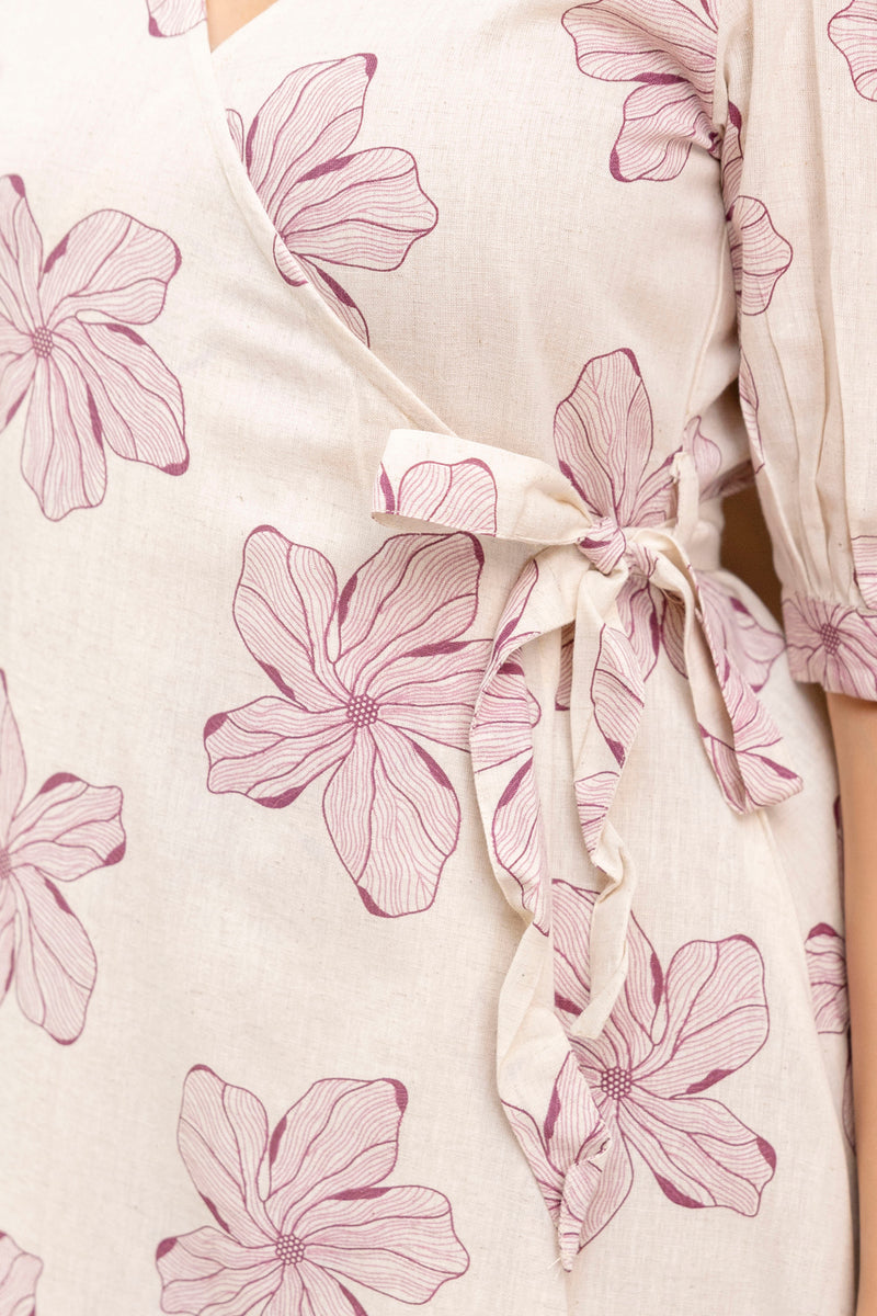 EthniFlair Floral Printed Puff Sleeved Tie-Ups Wrap Maxi Dress