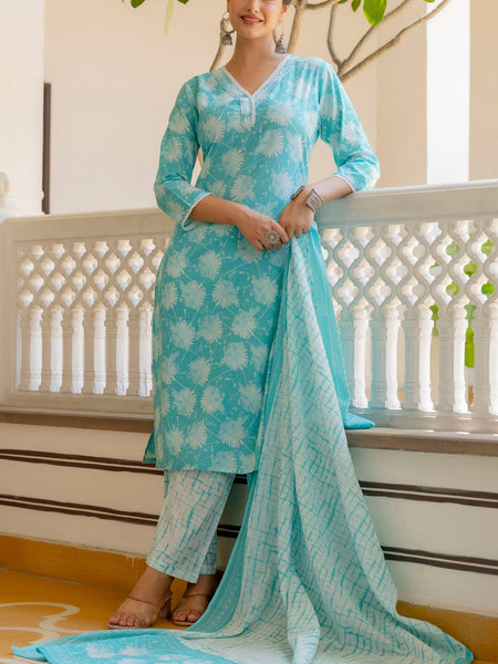 EthniFlair Floral Printed Kurta with Pyjamas & Dupatta