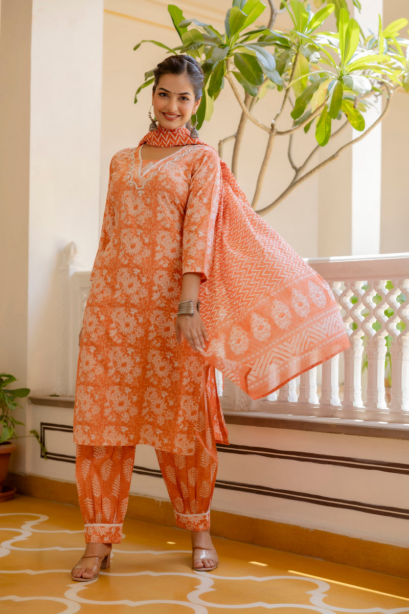 EthniFlair Floral Printed Thread Work Kurta with Patiala & Dupatta