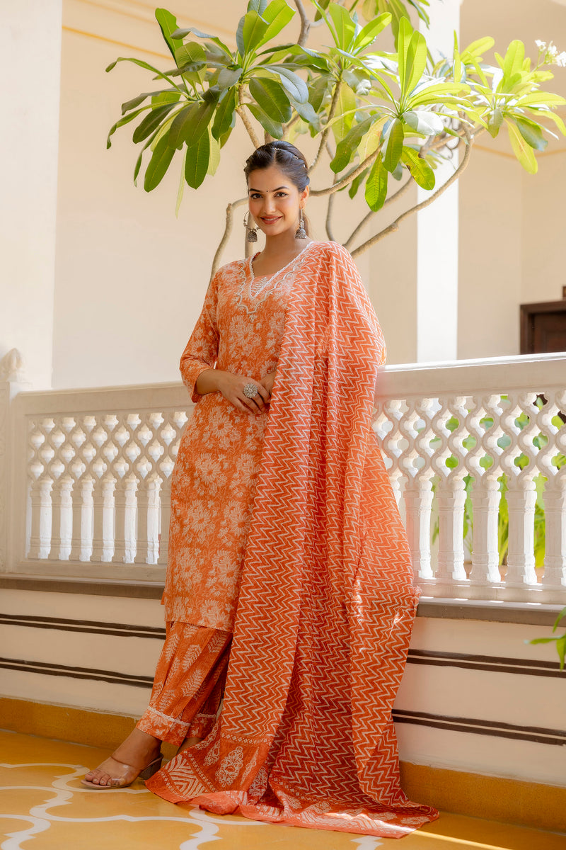 EthniFlair Floral Printed Thread Work Kurta with Patiala & Dupatta