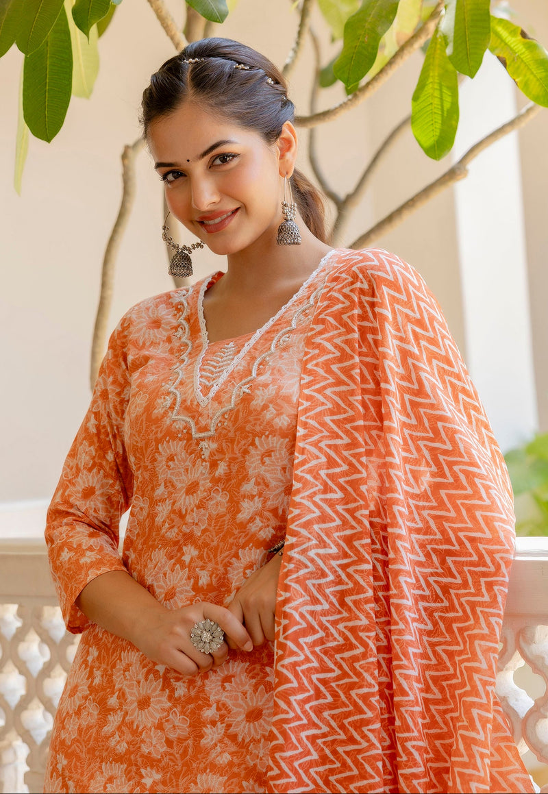 EthniFlair Floral Printed Thread Work Kurta with Patiala & Dupatta