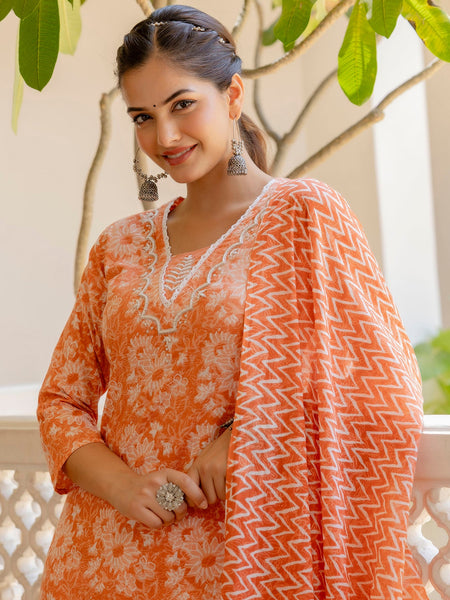 EthniFlair Floral Printed Thread Work Kurta with Patiala & Dupatta