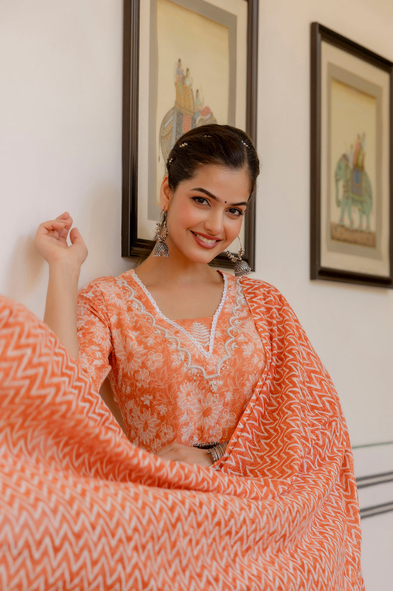 EthniFlair Floral Printed Thread Work Kurta with Patiala & Dupatta