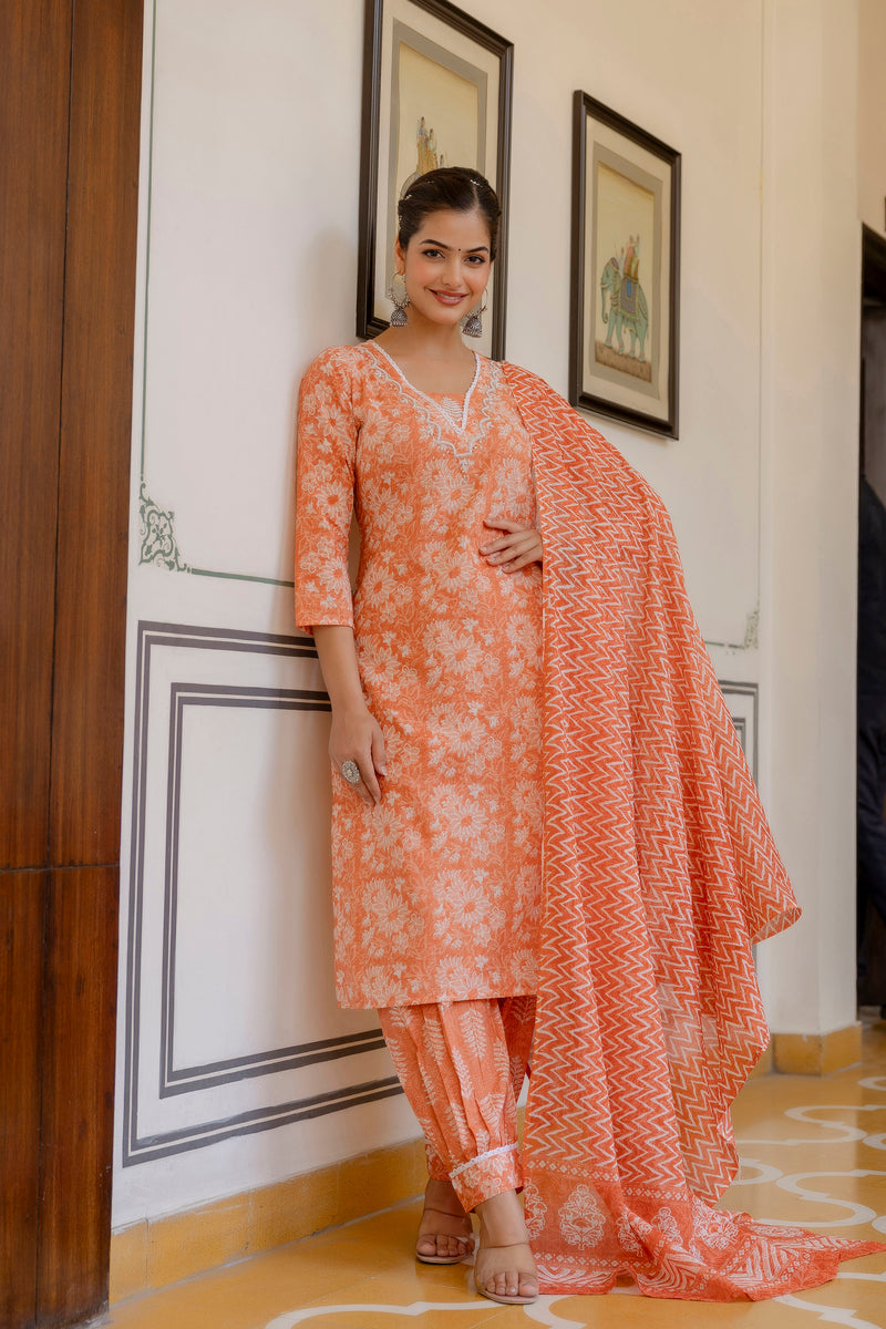 EthniFlair Floral Printed Thread Work Kurta with Patiala & Dupatta
