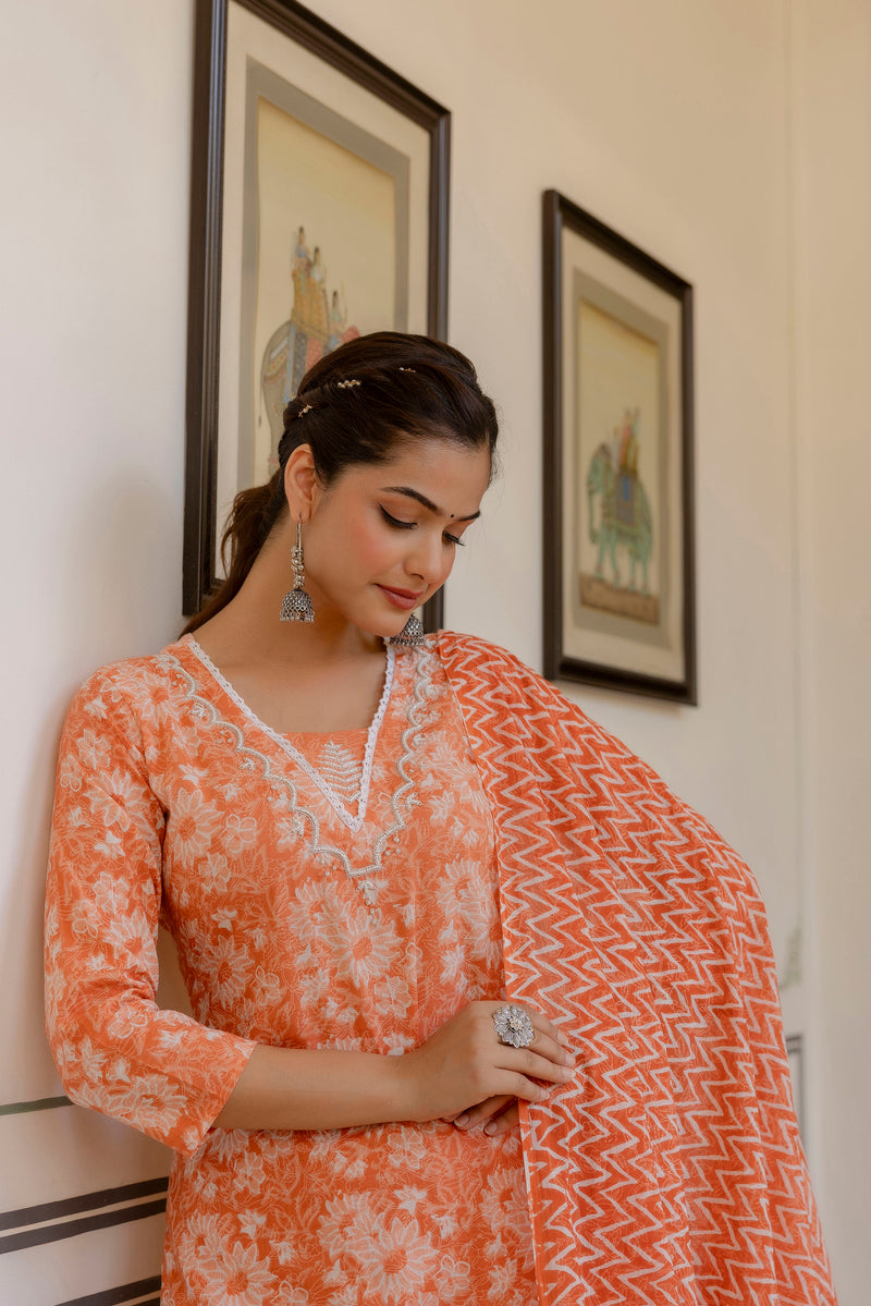 EthniFlair Floral Printed Thread Work Kurta with Patiala & Dupatta