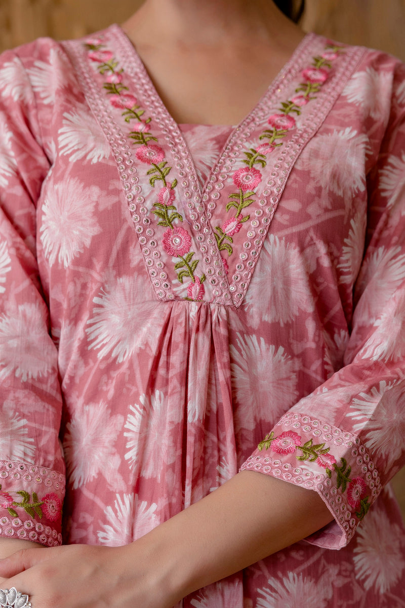 EthniFlair Floral Printed Aari Work Kurta with Trousers & Dupatta