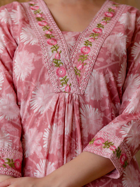 EthniFlair Floral Printed Aari Work Kurta with Trousers & Dupatta