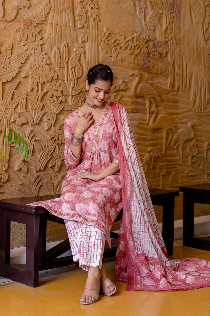 EthniFlair Floral Printed Aari Work Kurta with Trousers & Dupatta