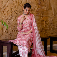 EthniFlair Floral Printed Aari Work Kurta with Trousers & Dupatta