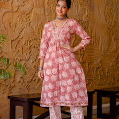 EthniFlair Floral Printed Aari Work Kurta with Trousers & Dupatta
