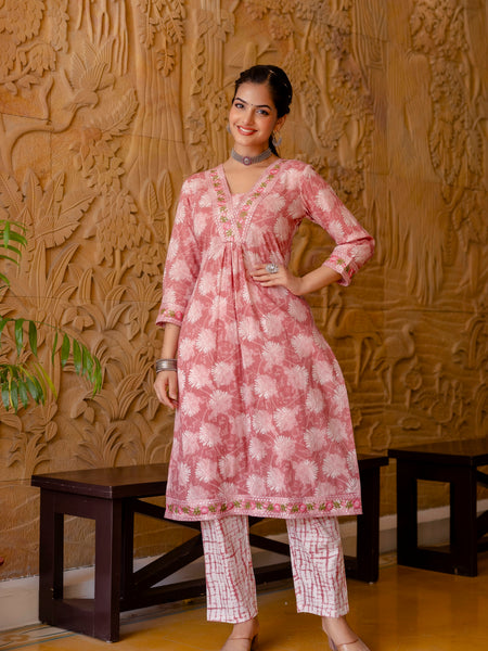 EthniFlair Floral Printed Aari Work Kurta with Trousers & Dupatta