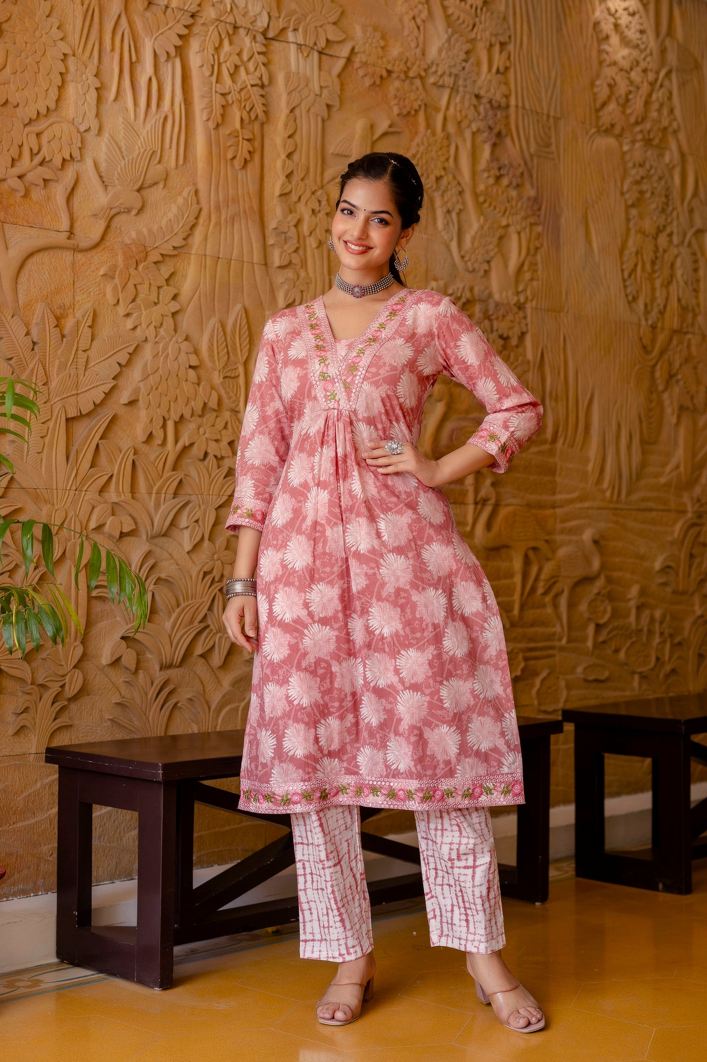 EthniFlair Women Floral Printed Regular Aari Work Pure Cotton Kurta with Trousers & With Dupatta