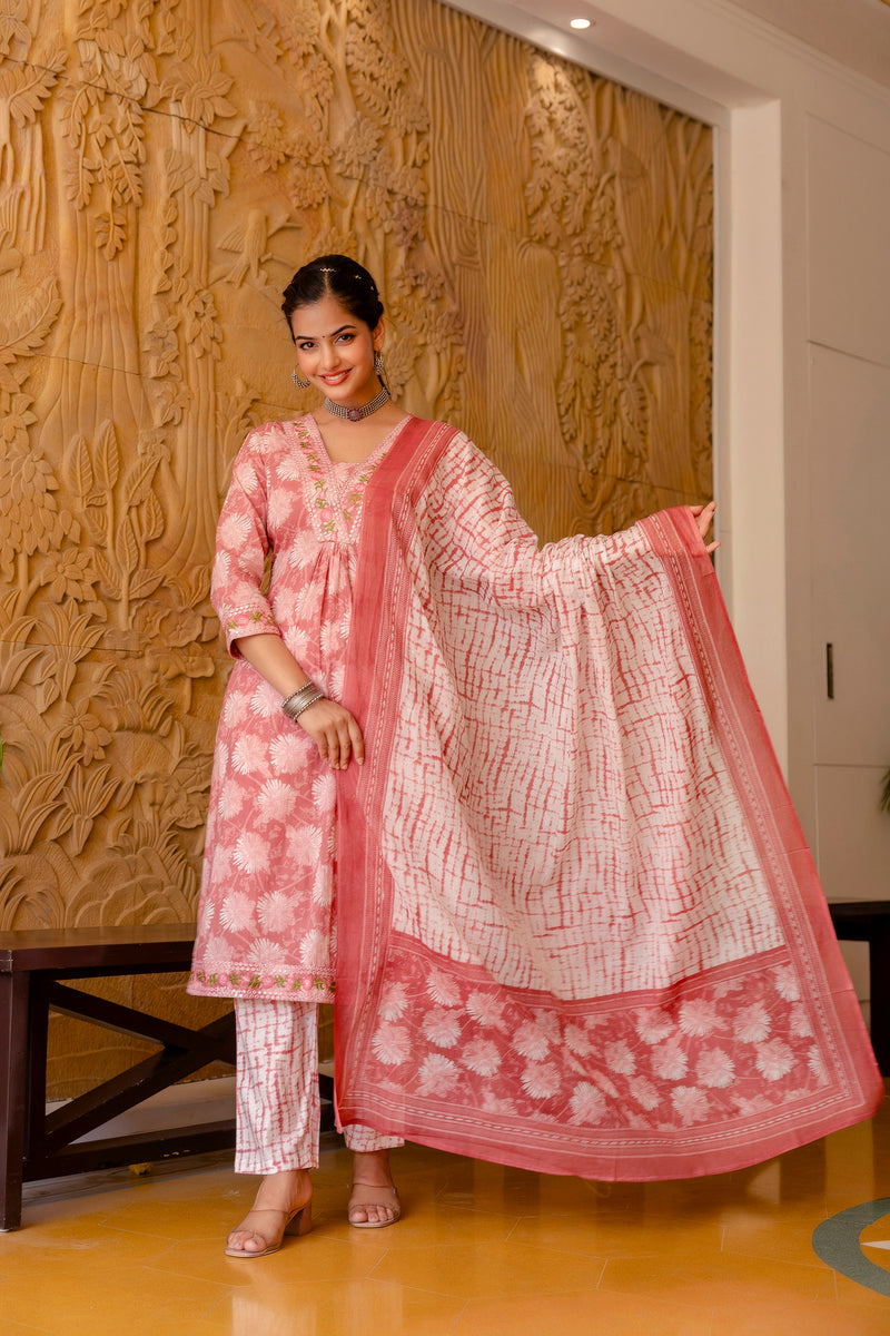 EthniFlair Floral Printed Aari Work Kurta with Trousers & Dupatta