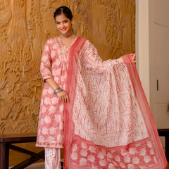 EthniFlair Floral Printed Aari Work Kurta with Trousers & Dupatta