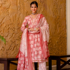 EthniFlair Floral Printed Aari Work Kurta with Trousers & Dupatta