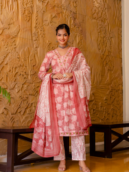 EthniFlair Floral Printed Aari Work Kurta with Trousers & Dupatta