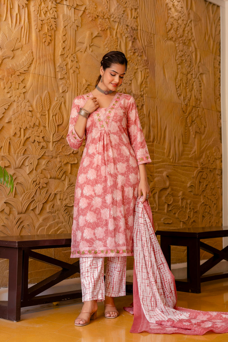EthniFlair Floral Printed Aari Work Kurta with Trousers & Dupatta