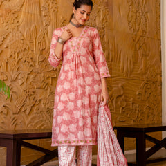 EthniFlair Floral Printed Aari Work Kurta with Trousers & Dupatta