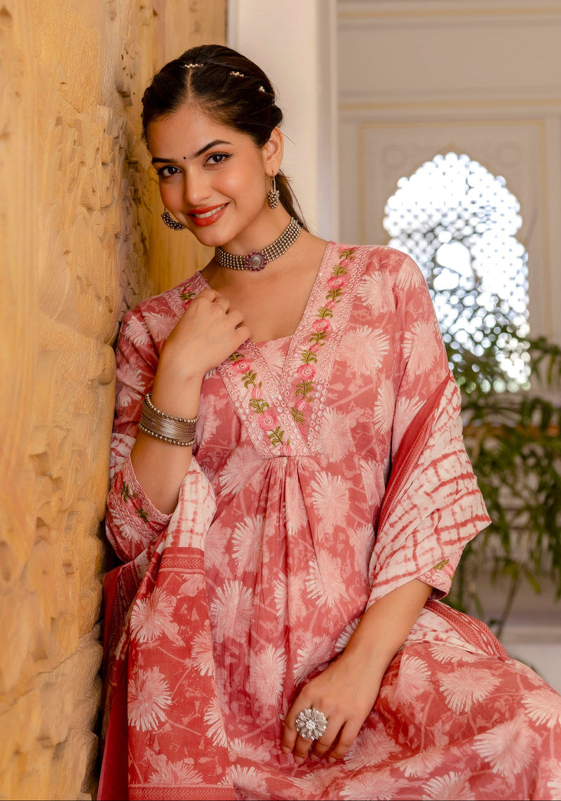 EthniFlair Floral Printed Aari Work Kurta with Trousers & Dupatta
