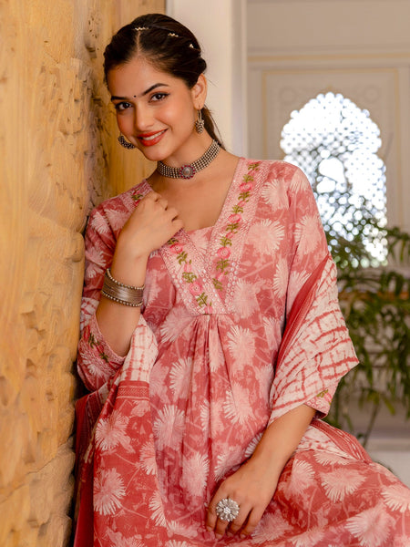 EthniFlair Floral Printed Aari Work Kurta with Trousers & Dupatta