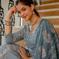 EthniFlair Floral Printed Panelled Aari Work Kurta with Trousers & Dupatta