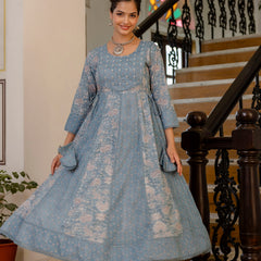 EthniFlair Floral Printed Panelled Aari Work Kurta with Trousers & Dupatta