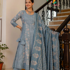 EthniFlair Floral Printed Panelled Aari Work Kurta with Trousers & Dupatta