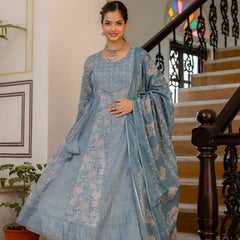 EthniFlair Floral Printed Panelled Aari Work Kurta with Trousers & Dupatta