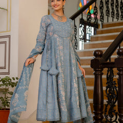 EthniFlair Floral Printed Panelled Aari Work Kurta with Trousers & Dupatta