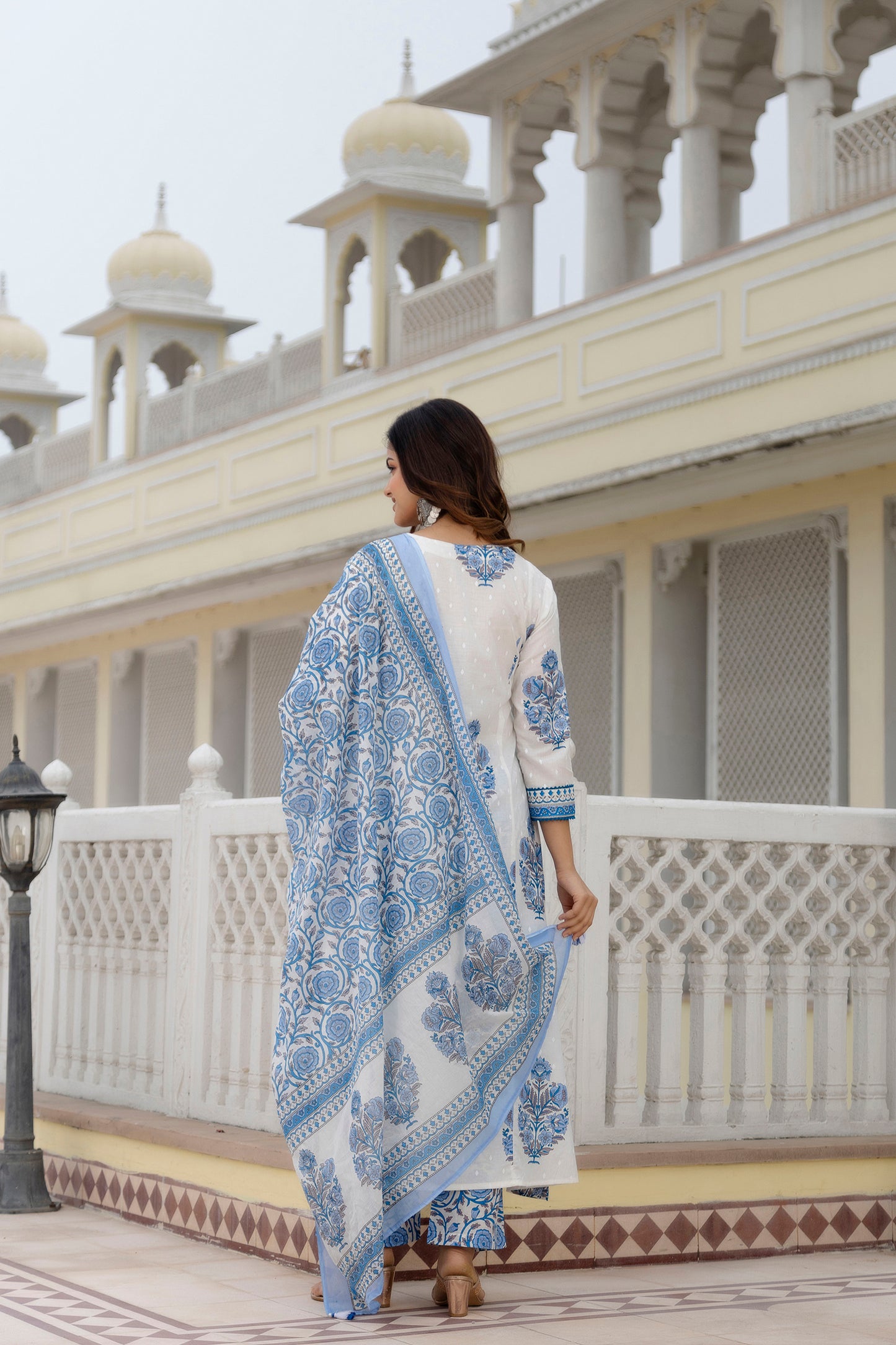 EthniFlair Women Ethnic Motifs Printed Empire Mirror Work Pure Cotton Kurta with Trousers & With Dupatta