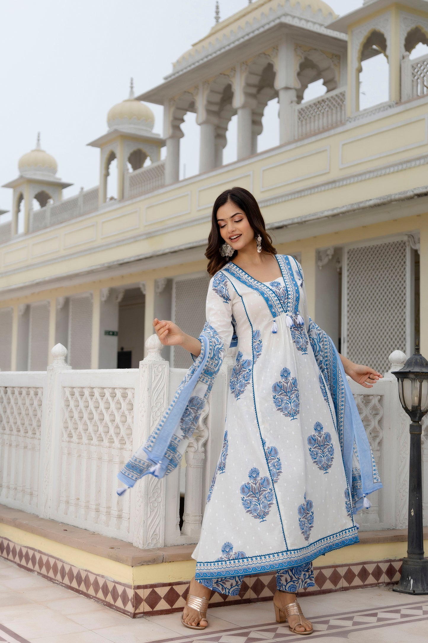 EthniFlair Women Ethnic Motifs Printed Empire Mirror Work Pure Cotton Kurta with Trousers & With Dupatta