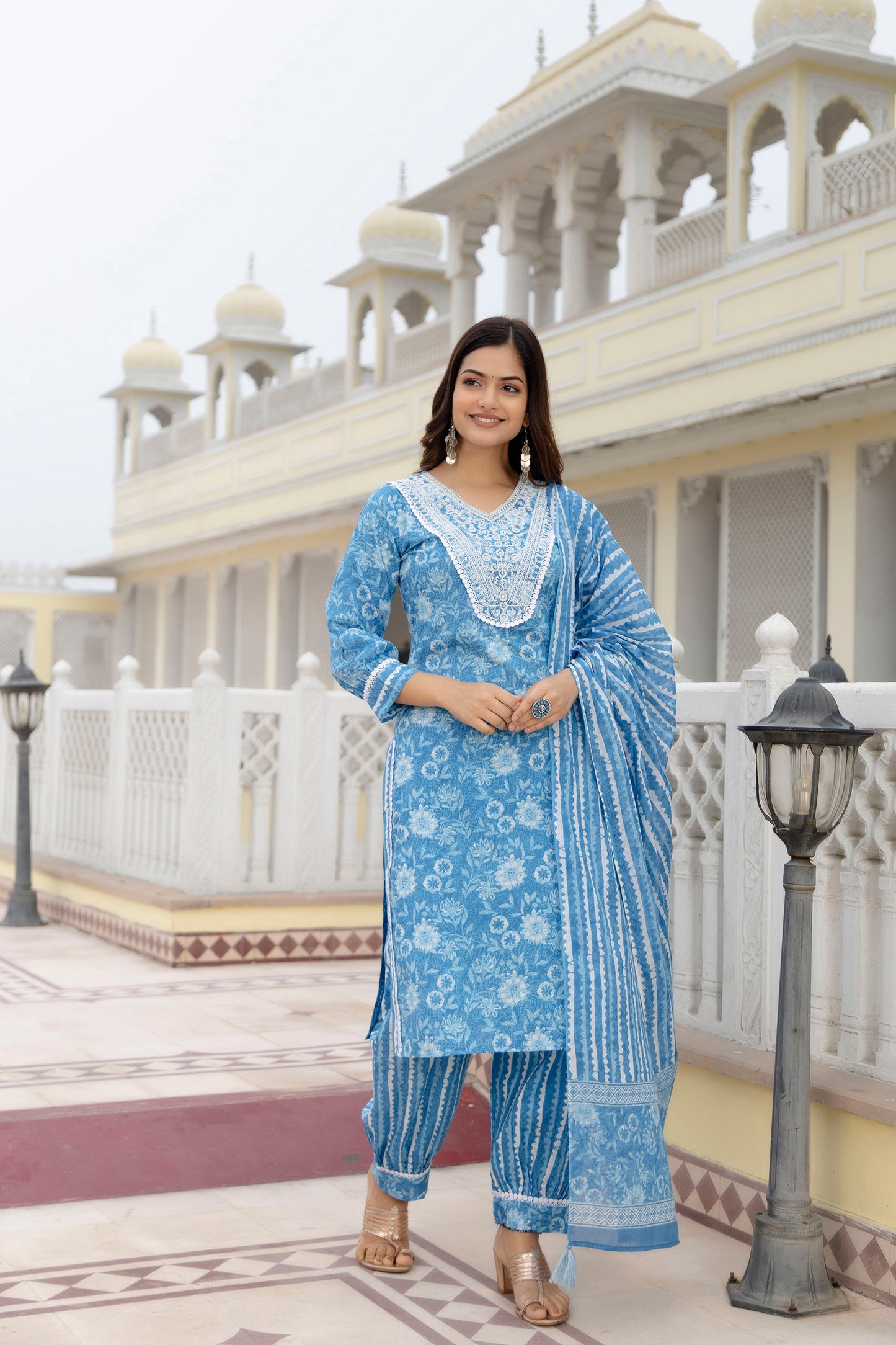 EthniFlair Women Floral Printed Regular Aari Work Pure Cotton Kurta with Patiala & With Dupatta