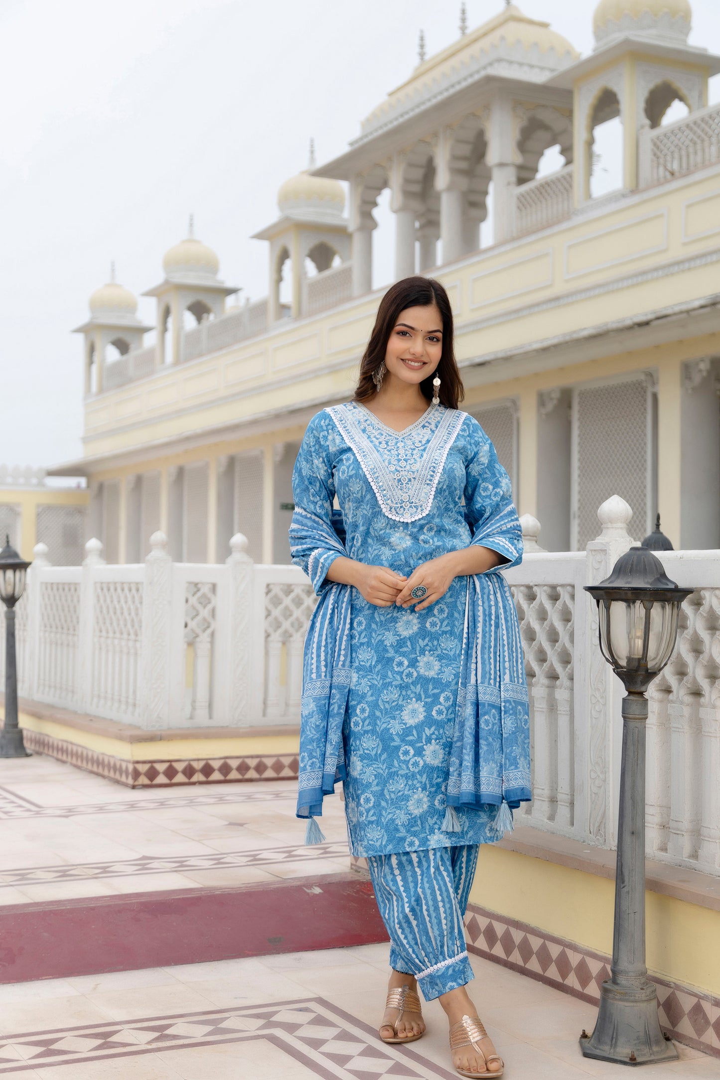 EthniFlair Women Floral Printed Regular Aari Work Pure Cotton Kurta with Patiala & With Dupatta