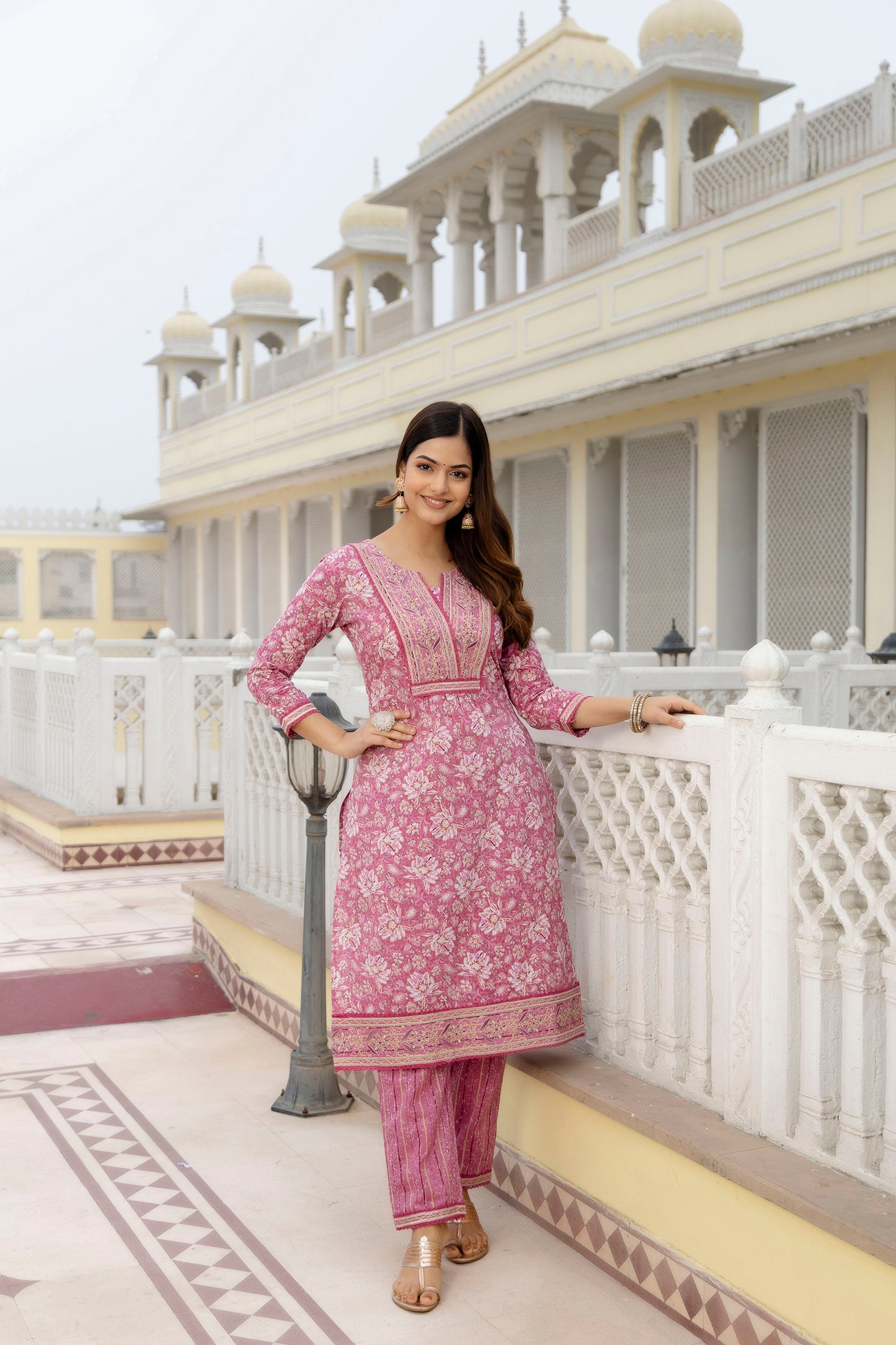 EthniFlair Women Floral Embroidered Regular Thread Work Pure Cotton Kurta with Trousers & With Dupatta