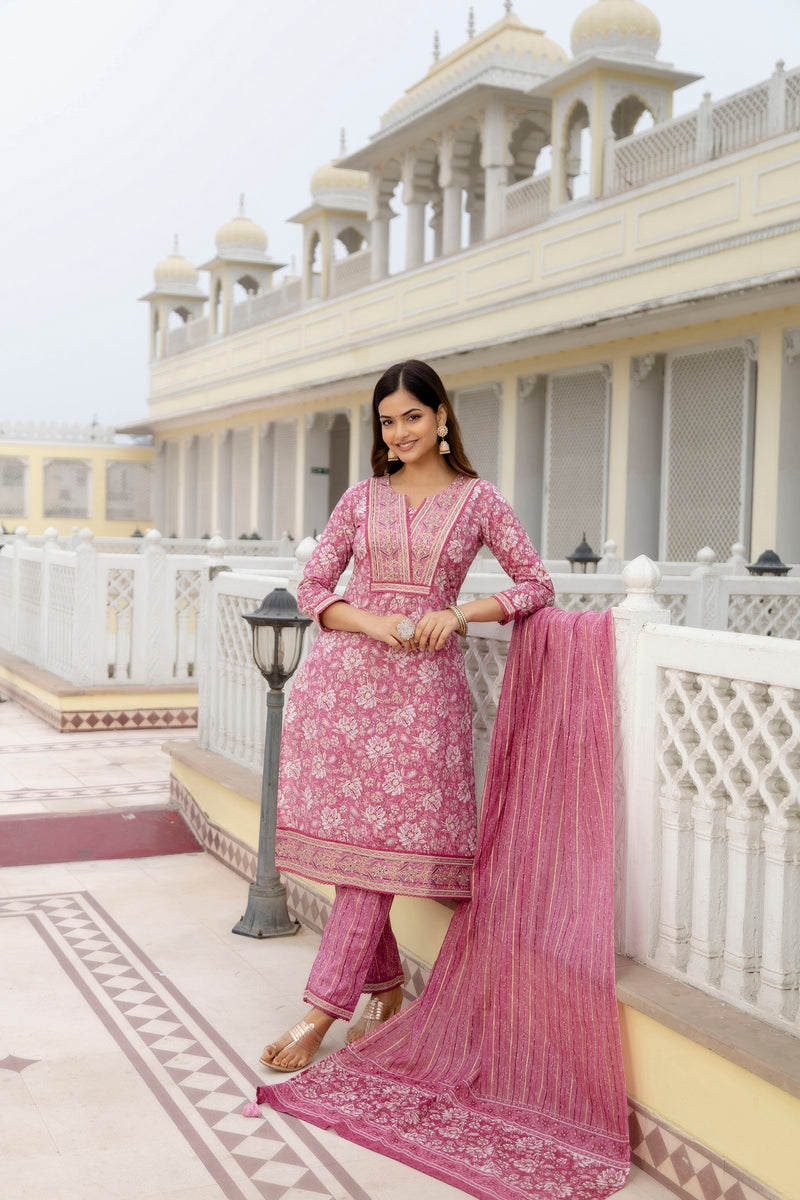EthniFlair Floral Embroidered Thread Work Kurta with Trousers & Dupatta