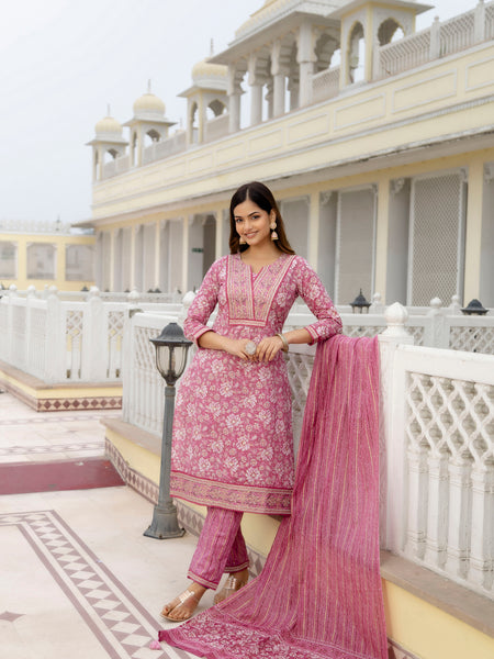 EthniFlair Floral Embroidered Thread Work Kurta with Trousers & Dupatta