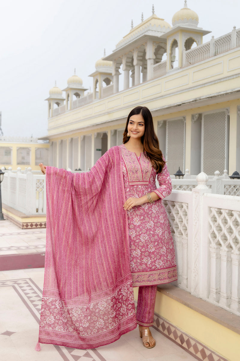 EthniFlair Floral Embroidered Thread Work Kurta with Trousers & Dupatta